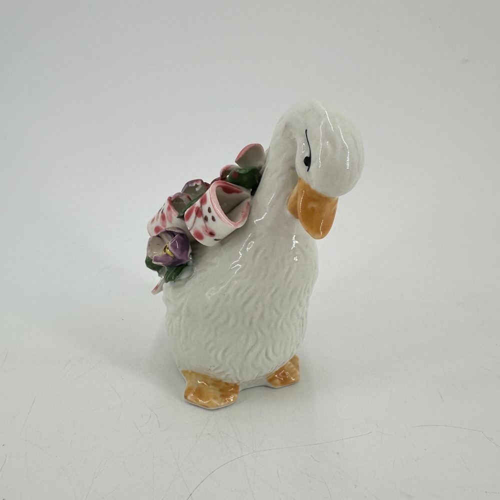 Vintage Style Ceramic Duck Figurine White Floral Ribbon Bow Hand Painted 5 Inch
